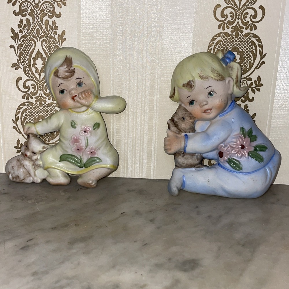 Vintage MCM Porcelain Bradley Exclusive Boy & Girl Wall Decorations
